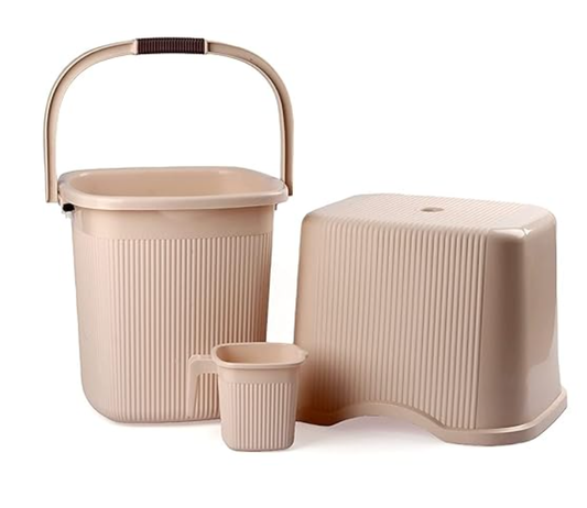 Nayasa Strong Plastic Rimmy Bucket Mug Stool Bathroom Set of 3 for Kitchen & Bathroom (SH) (Ivory, 18 Liter(Small))
