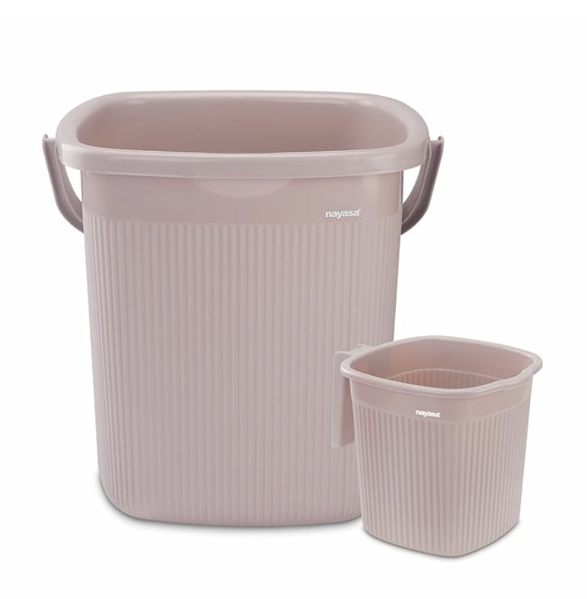 Nayasa Rimmy Plastic Bathroom Set of 2 (25 Litre Bucket + 1.5 Litre Mug) Medium, Pink