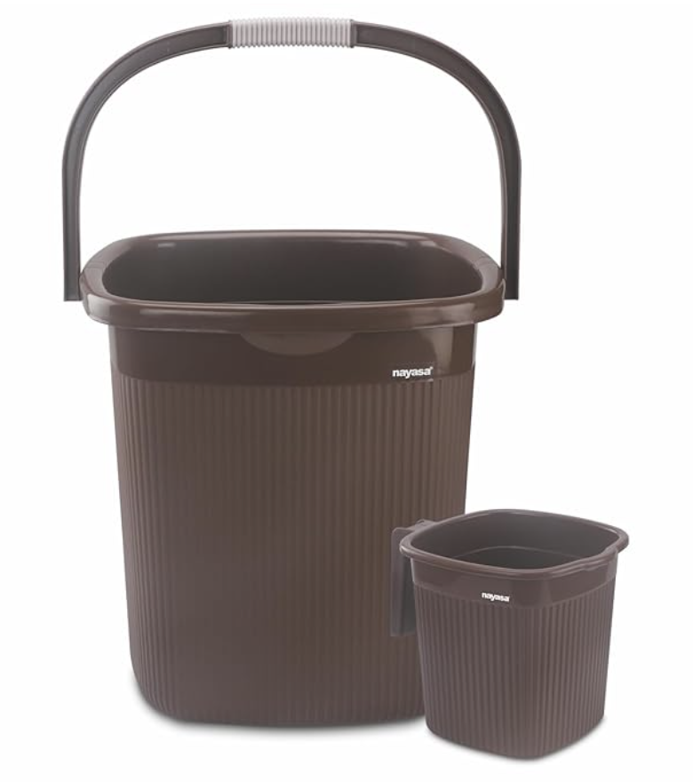 Nayasa Rimmy Plastic Bathroom Set of 2 (25 Litre Bucket + 1.5 Litre Mug) Medium, Brown