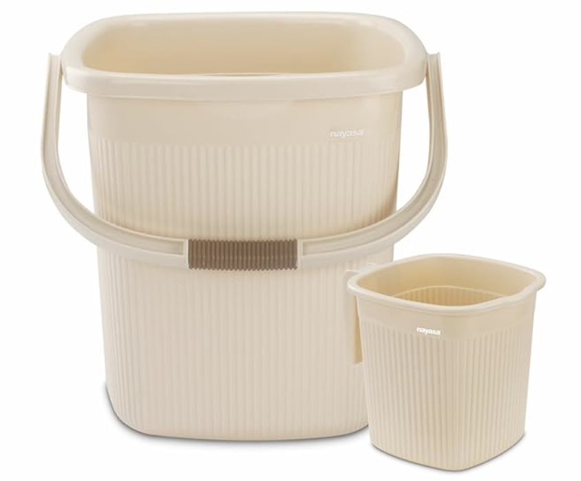 Nayasa Rimmy Plastic Bathroom Set of 2 (25 Litre Bucket + 1.5 Litre Mug) Medium, Beige