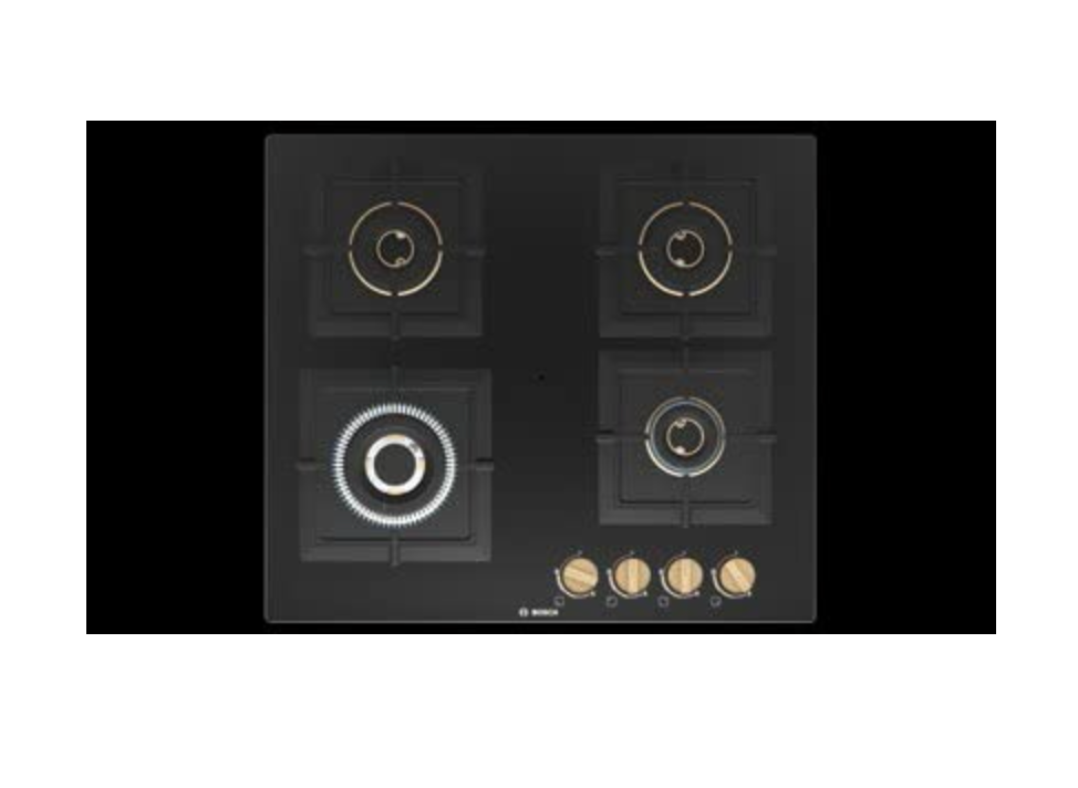 Bosch Built in Gas Hob Black Tempered glass Glass 4 Burner Auto Ignition 60 cm True Brass 2D Ring Burners with Matt Black Heat Shields & Cast Iron pan supports (PNH6B6F20I)