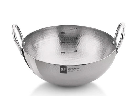 बर्गनर बी एसेंशियल्स 16 सेमी हैमर्ड कढ़ाई, 990 मिलीलीटर कढ़ाई बिना ढक्कन के, मोटाई 2.2 मिमी, खाद्य सुरक्षित, मज़बूत और टिकाऊ, गैस स्टोव के लिए तैयार, डिशवॉशर सुरक्षित, 5 साल की वारंटी, सिल्वर 