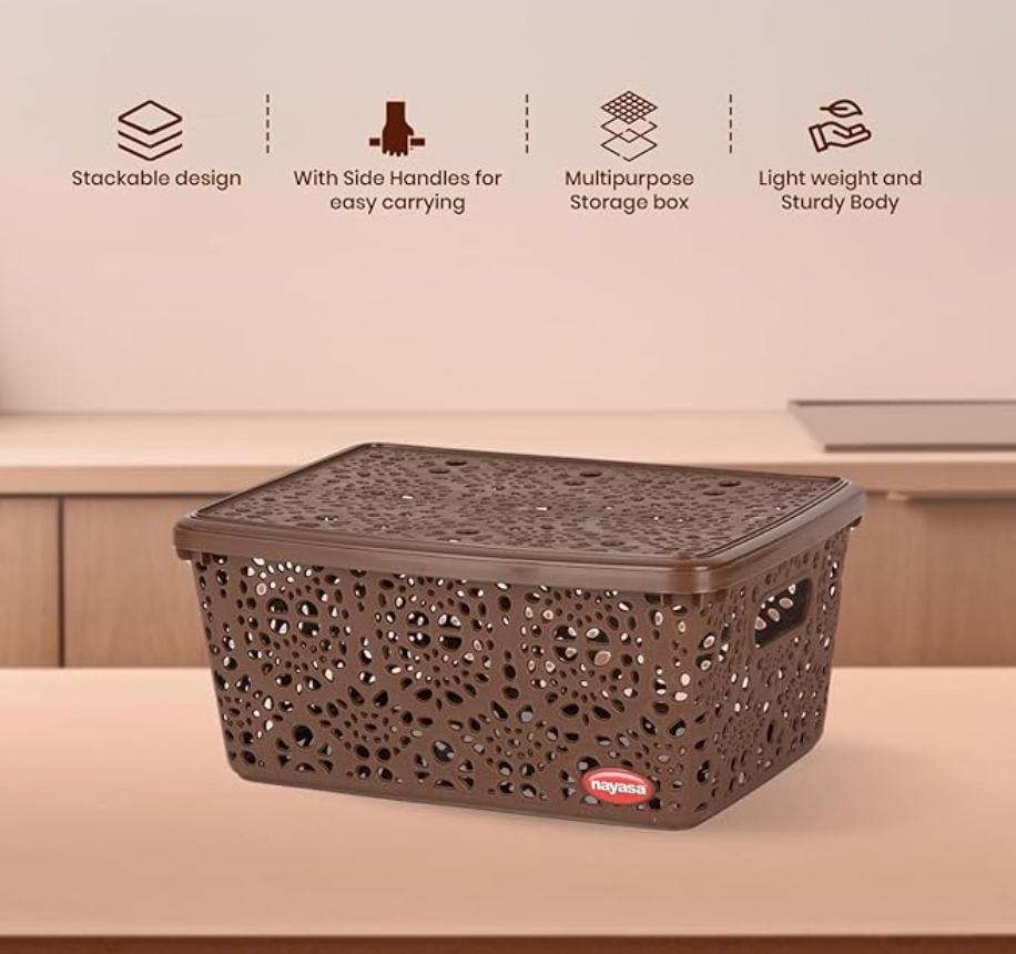 Nayasa Flower Storage Plastic Basket Medium (29 cm X 21 cm X 14 cm, Dark Brown) (SSB050)