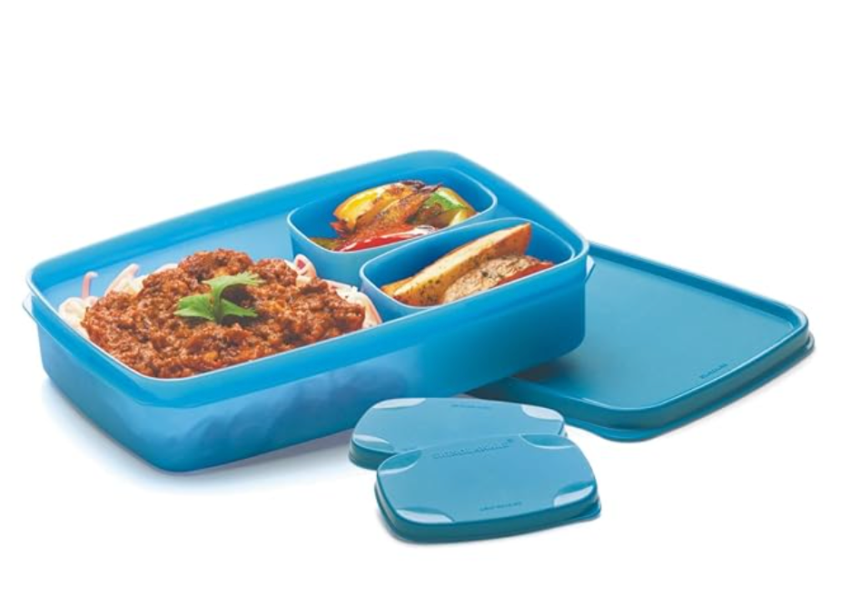 Signoraware Compact Bpa Free Plastic Microwave Safe Lunch Box, Food Grade Tiffin Boxes Set, Leak Proof Air Tight Dabba (Set of 3 – 1 x 850ml Container, 2 x 100ml Containers, Square, Blue)