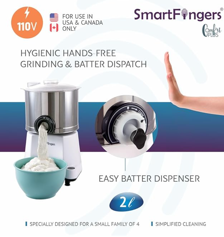 Smart Fingers Stainless Steel Comfort Plus Table Top Magic Wet Grinder 110V 60Hz (2 L) For Usa Canada And Japan Only, White