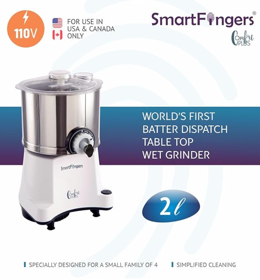 Smart Fingers Stainless Steel Comfort Plus Table Top Magic Wet Grinder 110V 60Hz (2 L) For Usa Canada And Japan Only, White