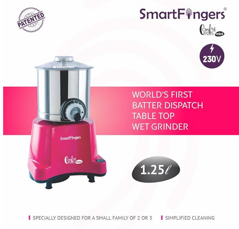 Smart Fingers Comfort Plus Mini Magic Table Top Wet Grinder 230V 50hz, 1.25 Liter, Pink-4