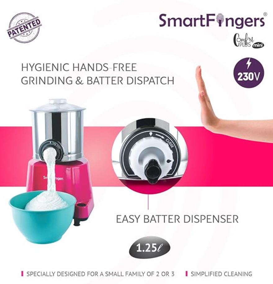 स्मार्ट फिंगर्स कम्फर्ट प्लस मिनी मैजिक टेबल टॉप वेट ग्राइंडर 230V 50hz, 1.25 लीटर, गुलाबी 