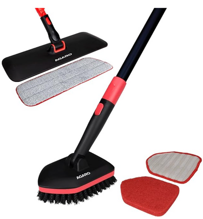 AGARO Elite Cleaning Mop & Brush Set, Bathroom Cleaning Brush, Long Handle, Hard Brush, Microfiber Pad & Scrubber, for Tiles, Kitchen, Toilet, Window Glass, Detachable Head, Black & Red