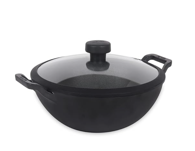 Meyer Pre Seasoned Cast Iron Kadai|Iron Kadhai with Lid for Cooking and Stir Frying | Heavy Base Iron Kadai Big Size | Gas Stove and Induction Friendly 26cm/ 3 Liters, Black