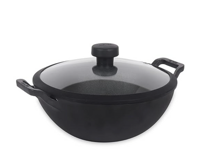 Meyer Pre Seasoned Cast Iron Kadai|Iron Kadhai with Lid for Cooking and Stir Frying | Heavy Base Iron Kadai Big Size | Gas Stove and Induction Friendly 26cm/ 3 Liters, Black