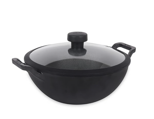 Meyer Pre Seasoned Cast Iron Kadai|Iron Kadhai with Lid for Cooking and Stir Frying | Heavy Base Iron Kadai Big Size | Gas Stove and Induction Friendly 26cm/ 3 Liters, Black