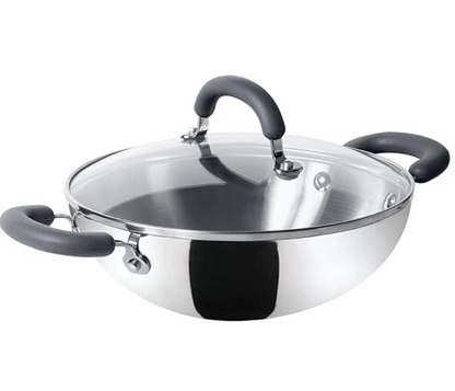 Meyer Trivantage Nickel Free Stainless Steel Triply Kadai | Steel Kadhai with Lid | Stainless Steel Kadhai | Kadhai for deep Fry, 26cm, Silver