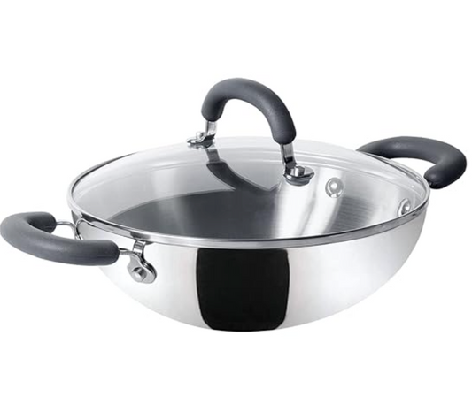 Meyer Trivantage Nickel Free Stainless Steel Triply Kadai | Steel Kadhai with Lid | Stainless Steel Kadhai | Kadhai for deep Fry, 26cm, Silver