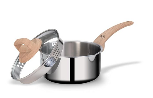 ARTTDINOX Timber Stainless Steel Triply Saucepan with Glass Lid | 16 cm | 1.5 LTR | Wood Finished Handle | Gas & Induction Base | 7 Yrs Warranty | Jindal Stainless