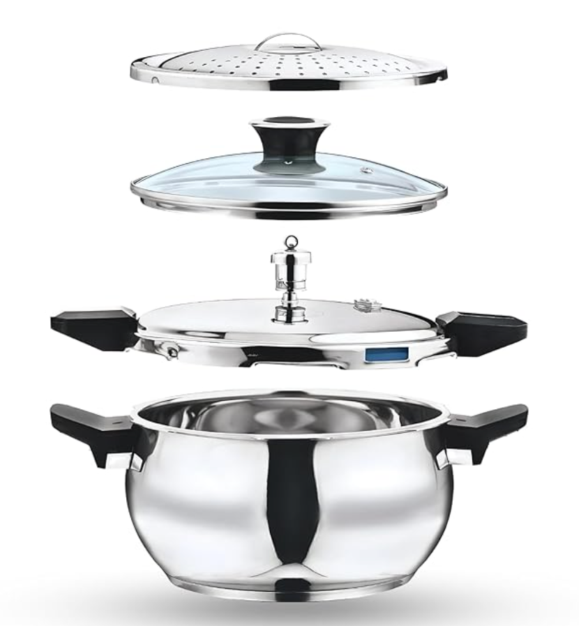 Vinod Magic Stainless Steel Smart 3 in 1 Pressure Cooker 5.5 Litre | 5mm Thick Base | All in One Cooker with Strainer & Glass Lid | Induction and Gas Base | ISI certified | 2 Years Warranty