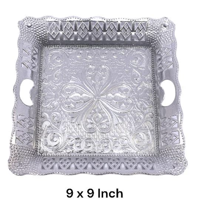 Silver Square Plastic Gift Hamper Tray | Elegant Silver Color | Ideal for Presenting Gifts, Treats, and Hampers | Perfect for Special Occasions and Celebrations | Size: 9 x 9 Inches