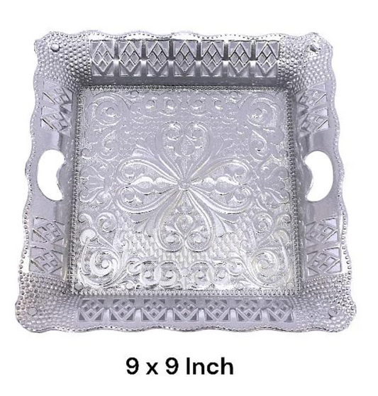 Silver Square Plastic Gift Hamper Tray | Elegant Silver Color | Ideal for Presenting Gifts, Treats, and Hampers | Perfect for Special Occasions and Celebrations | Size: 9 x 9 Inches