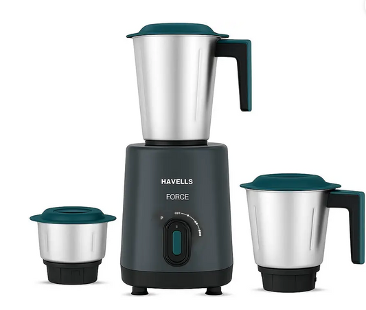 हैवेल्स फोर्स 500 वाट मिक्सर ग्राइंडर (फोर्स | 3 जार | काला और टील ग्रीन)