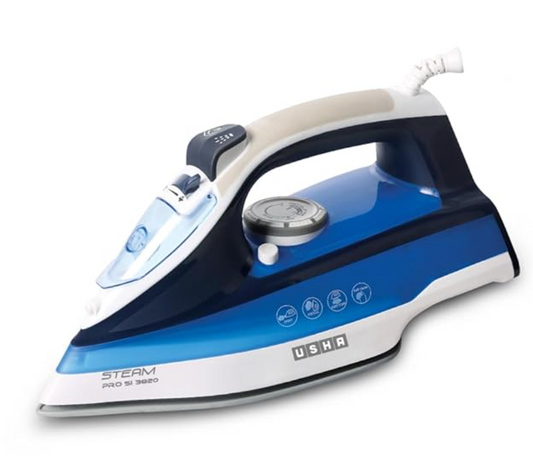 உஷா ஸ்டீம் ப்ரோ SI 3820 ஸ்டீம் அயர்ன் 2000 W உடன் ஈஸி-க்ளைடு நீடித்து உழைக்கும் பீங்கான் சோல்ப்ளேட், 73 ஸ்டீம் வென்ட்களிலிருந்து சக்திவாய்ந்த நீராவி வெளியீடு, 280 மிலி வாட்டர் டேங்க் (நீலம்) 