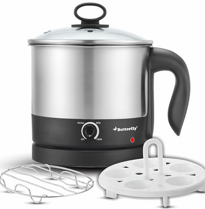 Butterfly Matchless Stainless Steel Multi Kettle 1.2 Litre | With Egg Rack, SS Stand | 600 Watts | For Hot Water, Tea, Coffee, Noodles, Egg Boiling, Soup | Dry Boil Protection | Silver