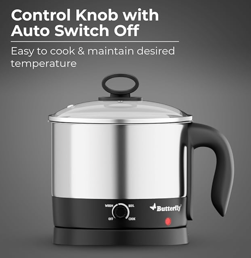 Butterfly Matchless Stainless Steel Multi Kettle 1.2 Litre | With Egg Rack, SS Stand | 600 Watts | For Hot Water, Tea, Coffee, Noodles, Egg Boiling, Soup | Dry Boil Protection | Silver