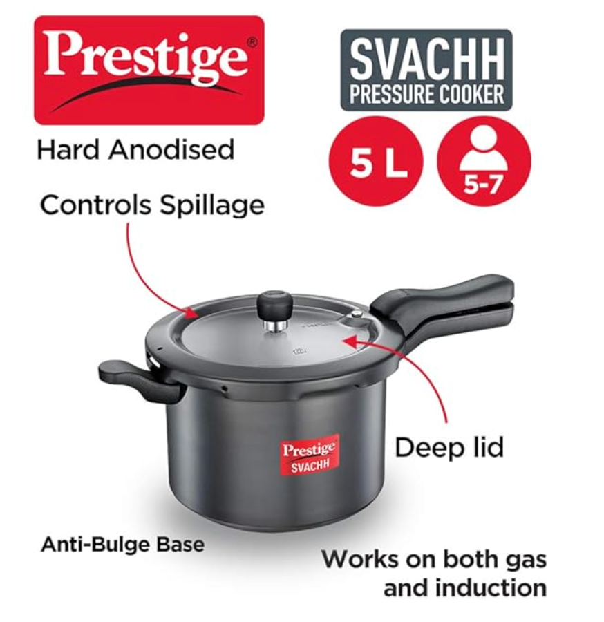 Prestige 5 Litres Svachh Induction Base Outer Lid Hard Anodized Pressure Cooker | Deep lid Spillage Control | Black | Anti-Bulge Base | Controlled Gasket Release System | Cool Touch Weight