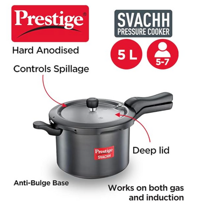 Prestige 5 Litres Svachh Induction Base Outer Lid Hard Anodized Pressure Cooker | Deep lid Spillage Control | Black | Anti-Bulge Base | Controlled Gasket Release System | Cool Touch Weight