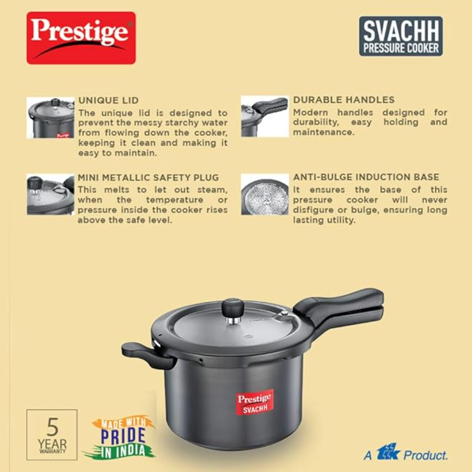 பிரெஸ்டீஜ் 5 லிட்டர் ஸ்வச் இண்டக்ஷன் பேஸ் வெளிப்புற மூடி கடின அனோடைஸ் செய்யப்பட்ட பிரஷர் குக்கர் | ஆழமான மூடி கசிவு கட்டுப்பாடு | கருப்பு | பல்ஜ் எதிர்ப்பு பேஸ் | கட்டுப்படுத்தப்பட்ட கேஸ்கெட் வெளியீட்டு அமைப்பு | கூல் டச் எடை -3