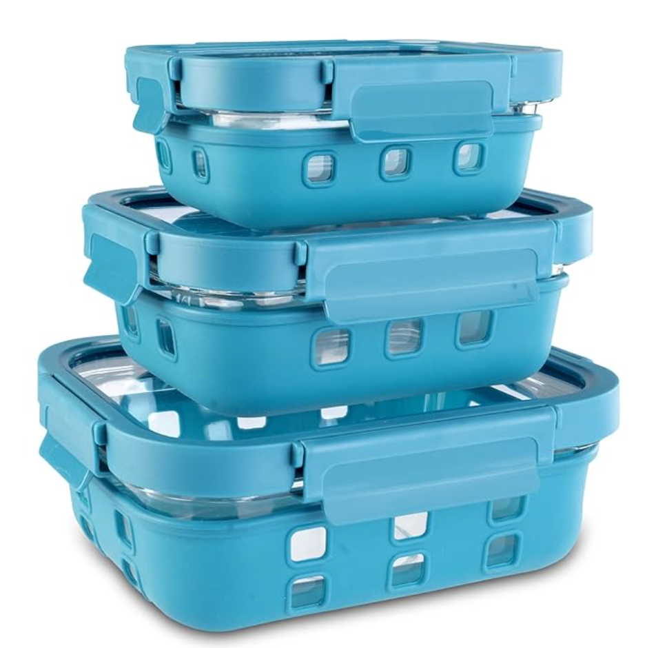 சிலிகான் ஸ்லீவ்ஸ் &amp; லாக் மூடியுடன் கூடிய AGARO இம்பீரியல் கண்ணாடி கொள்கலன்கள், 3 பிசிக்கள் செட், போரோசிலிகேட் கண்ணாடி, செவ்வக வடிவம், டிரான்ஸ்பரன்ட், மைக்ரோவேவ் மற்றும் ரெஃப்ரிஜிரேட்டர் சேஃப், 370மிலி, 640மிலி, 1050மிலி, சியான் 