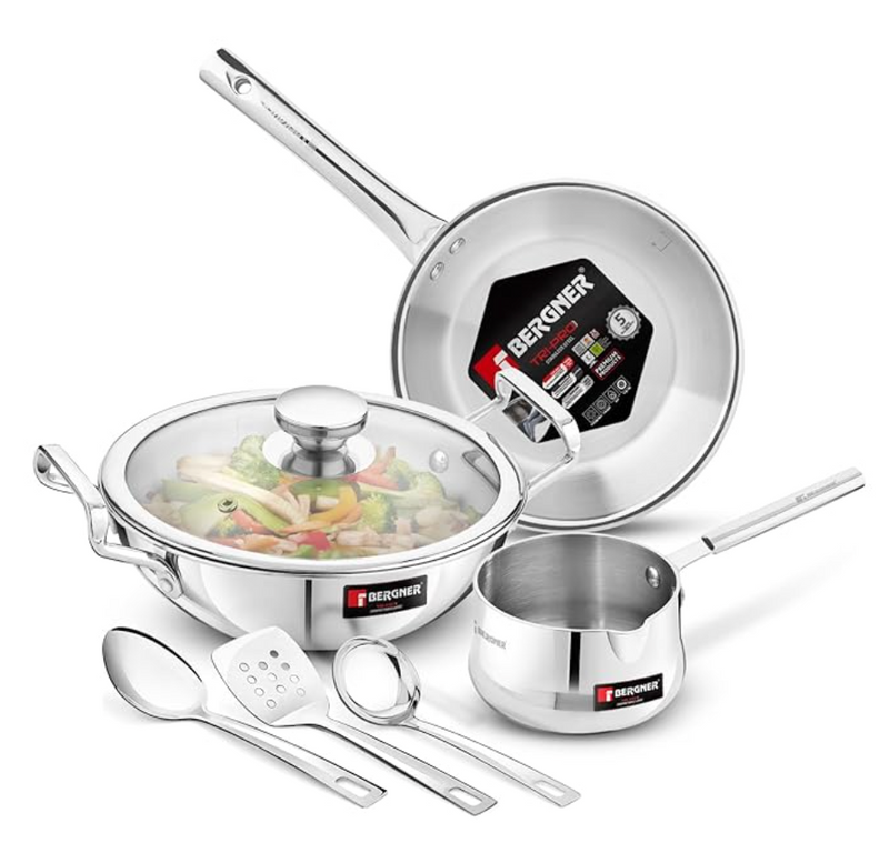Bergner TriPro 7 Pcs Triply Stainless Steel Induction Bottom Cookware Set, 22cm (2L) Kadai, 22cm (1L) Frypan with Dome Shaped Common Glass Lid, 12cm (0.9L) Coffee Warmer, Ladle, Serving Spoon, Turner-1