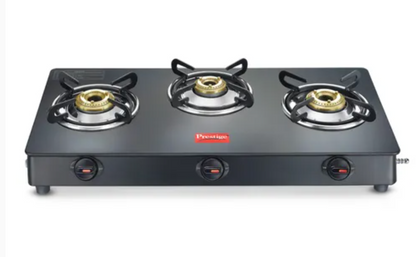 Prestige Magic plus Toughened Glass-Top 3 Brass Burner LPG Gas Stove(GTMP-03) | Black Spill Proof Design | Ergonomic Knob | Tri-Pin Burner