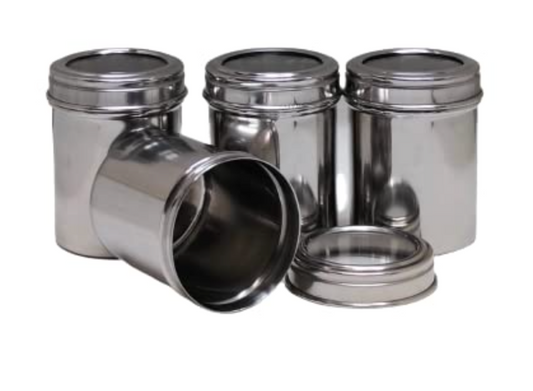 वेलन स्टोर स्टेनलेस स्टील के 4 पीस वाले पारदर्शी मसाले/सूखे मेवे/बहुउद्देशीय छोटे डिब्बे/कैनिस्टर, 300 मिलीलीटर