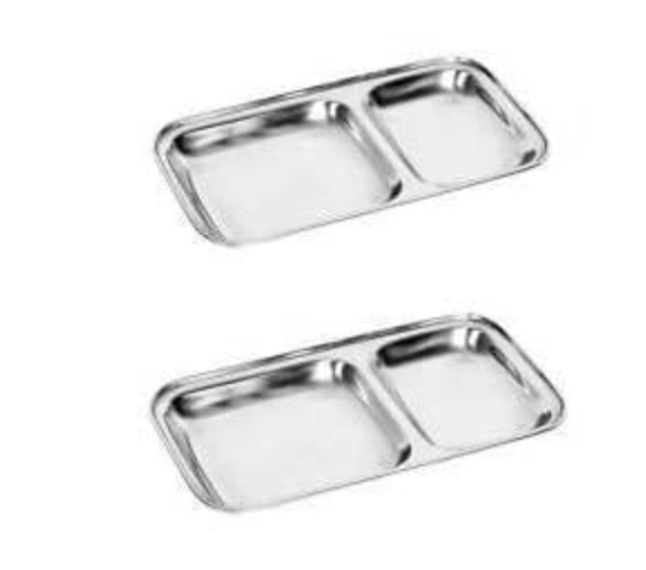 वेलन स्टोर स्टेनलेस स्टील 2 इन 1 दो कंपार्टमेंट नाश्ता/स्नैक प्लेट - 2 का सेट