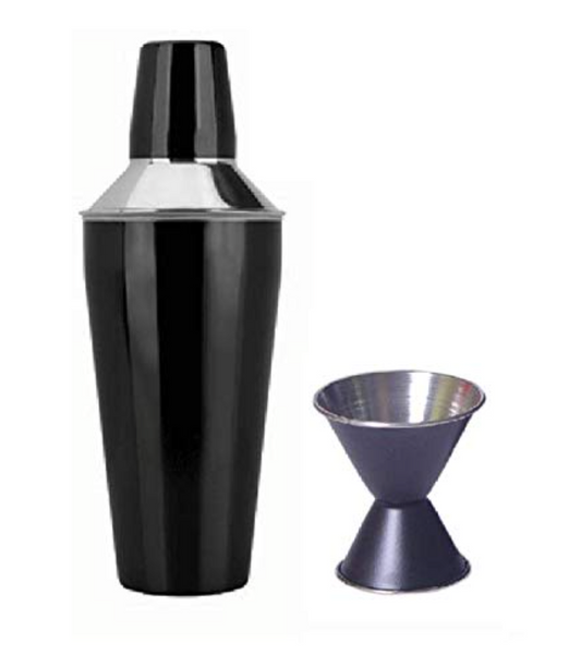 Velan Store 2 pc Black Color bar Set - Cocktail Shaker 750 ML and Double Sided Peg Measure 30/60 ML