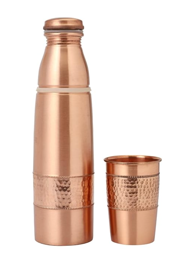Pure Copper Water Bottle with Hammered Glass – Ayurvedic Health Set for Daily Hydration