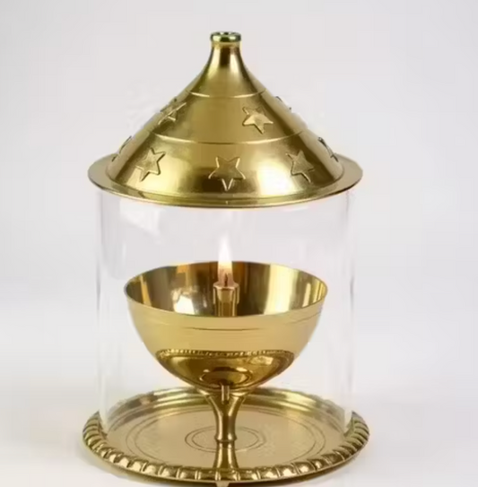 Traditional Handcrafted Brass Lamp with Glass Cover – Elegant Pooja and Home Décor Lighting