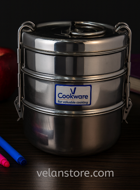 Vcookware ஸ்டெய்ன்லெஸ் ஸ்டீல் 3-அடுக்கு மதிய உணவுப் பெட்டி | சூடான மற்றும் புதிய உணவுகளுக்கு கசிவு இல்லாத &amp; நீடித்து உழைக்கக்கூடிய டிஃபின்