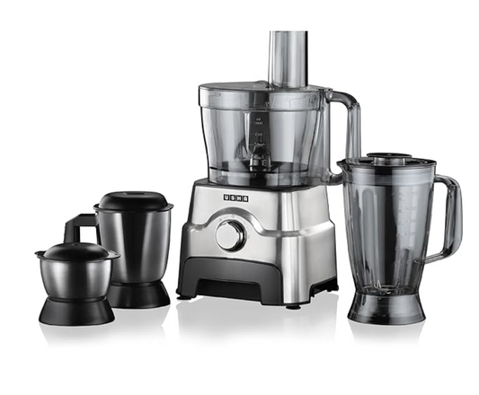 Usha FP 3811 1000W Food Processor with 13 Accessories | Copper Motor | 3.5L Bowl, 3 Jars, Juicing Attachments | 12 Applications | Premium SS Finish, Black & Steel