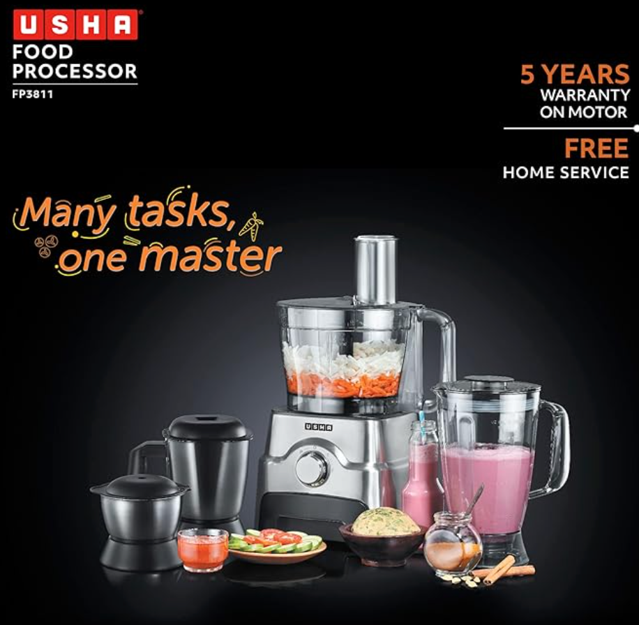 Usha FP 3811 1000W Food Processor with 13 Accessories | Copper Motor | 3.5L Bowl, 3 Jars, Juicing Attachments | 12 Applications | Premium SS Finish, Black & Steel