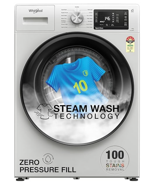 Whirlpool 8 Kg 5 Star Inverter Front Load Fully Automatic Washing Machine with In-Built Heater (XS8014BYW52E, Crystal White, 100+ Tough Stains, Steam Technology, 6th Sense Soft Move)