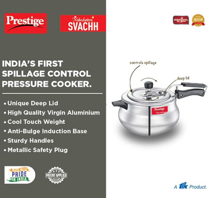 Prestige 6.5 Litre Virgin Aluminium Nakshatra Plus Svachh Innerlid Pressure Cooker Handi|Deep lid for spillage control|Gas & Induction Compatible|Metallic Safety Plug|5Years warranty|ISI Certified