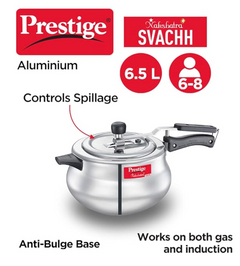 Prestige 6.5 Litre Virgin Aluminium Nakshatra Plus Svachh Innerlid Pressure Cooker Handi|Deep lid for spillage control|Gas & Induction Compatible|Metallic Safety Plug|5Years warranty|ISI Certified-1