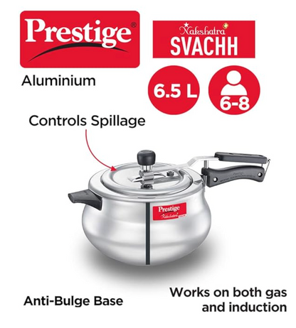 Prestige 6.5 Litre Virgin Aluminium Nakshatra Plus Svachh Innerlid Pressure Cooker Handi|Deep lid for spillage control|Gas & Induction Compatible|Metallic Safety Plug|5Years warranty|ISI Certified