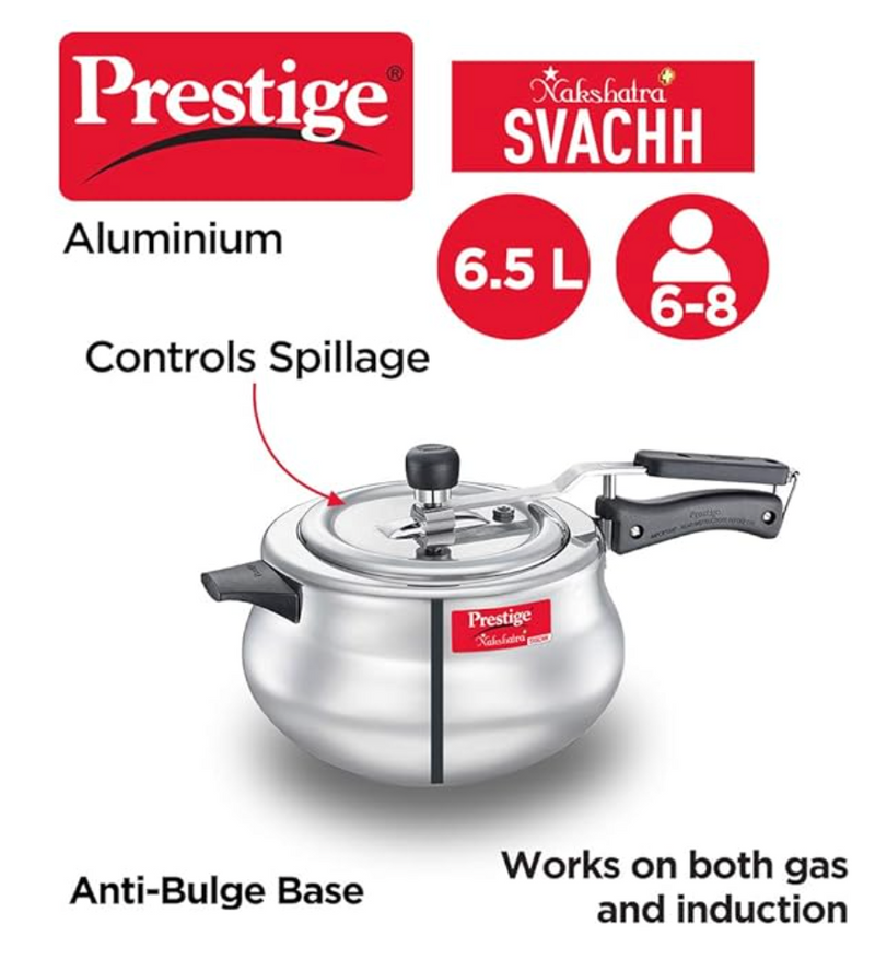 Prestige 6.5 Litre Virgin Aluminium Nakshatra Plus Svachh Innerlid Pressure Cooker Handi|Deep lid for spillage control|Gas & Induction Compatible|Metallic Safety Plug|5Years warranty|ISI Certified-1