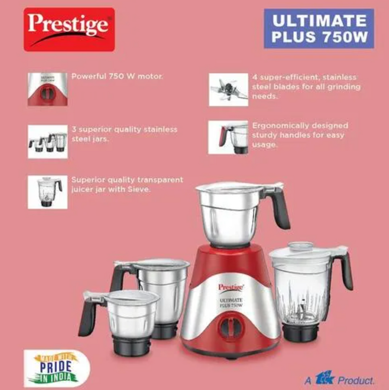 Prestige Ultimate Plus 750 W Mixer Grinder, 4 Jars (1600 ml, 1500 ml, 1300 ml, 700 ml) (Red, Silver)-2