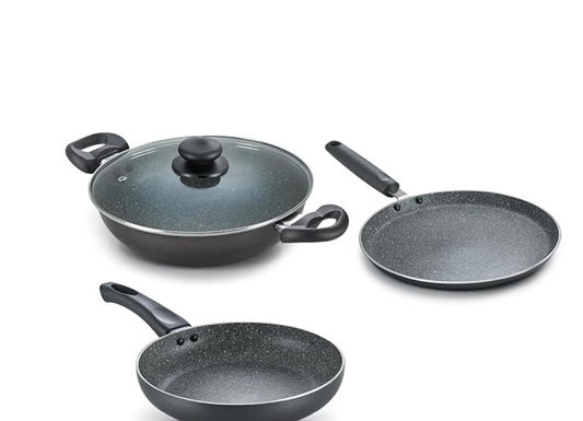Prestige Omega Deluxe Granite Alpha 3Piece BYK Non-Stick Cookware Set| Kadai 24cm with Glass Lid, Omni Tawa 28cm & Fry Pan 24cm| Gas & Induction Compatible| 5 Layer Non-Stick Coating|Black