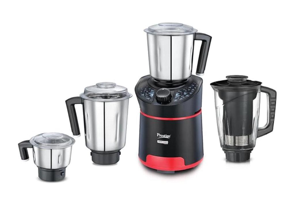 Prestige Hercules 1000W Mixer Grinder with 3 Stainless Steel jars & 1 Juicer jar|Flow-Breaker Design|Sturdy Handles|4 Super Efficient Blades|Black & Red
