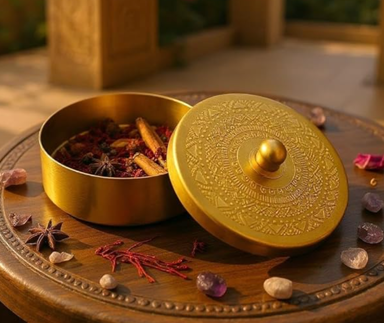 பிரீமியம் பித்தளை சேமிப்பு பெட்டி | மசாலா பொருட்கள், உலர் பழங்கள், நகைகள் மற்றும் அலங்கார பயன்பாட்டிற்கான பாரம்பரிய வட்ட பித்தளை கொள்கலன் |