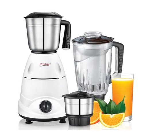 प्रेस्टीज ब्रिलियंट 500W 3 जार ब्लेंडर मिक्सर ग्राइंडर, 3 जार के साथ (सफेद और काला, स्टेनलेस स्टील ग्राइंडिंग जार-900 मिली, स्टेनलेस स्टील चटनी जार-350 मिली, जूसर जार-1500 मिली)